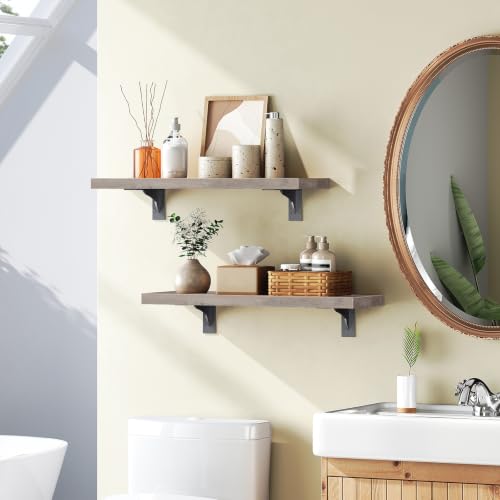 Image of HOOBRO Floating Shelves for Wall, 15.7 inch Wall Mounted Shelves Set of 2 | Hanging Storage Shelf with Metal Brackets, Wooden Shelf for Living Room, Bedroom, Bathroom, Greige and Black