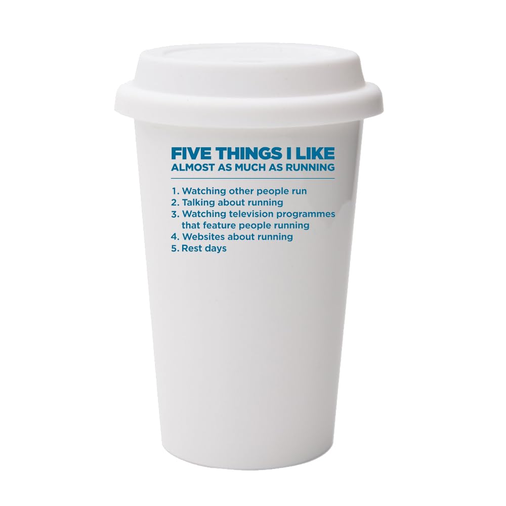 Giftme Five Things I Like Almost as Much as Running, Running Mug, White Ceramic Travel Mug with White Lid.