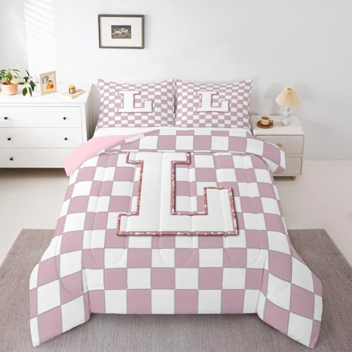 Image of Erosebridal Pink Initial L Comforter Set Full Kawaii Plaid Checkered Bedding Set Cute Personalized Monogram Comforter for Kids Girls Teen Women,Fashion Grids Gingham Quilt Duvet