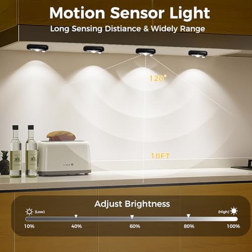 Image of LED Motion Sensor Puck Lights, Small Rechargeable Under Cabinet Light, Dimmable Daylight White Closet Lights, Wireless Under Cabinet Lighting for Drawer, Kitchen (8 Pack)