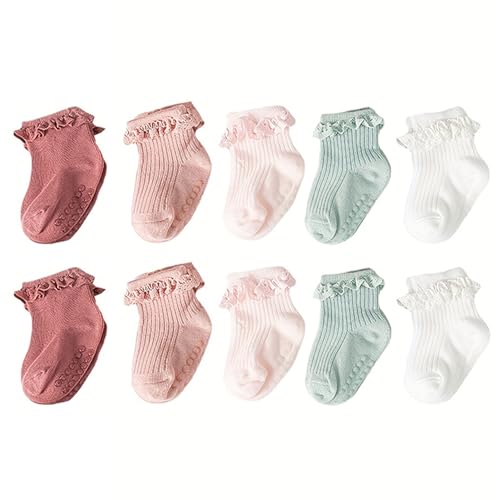 5 Pairs Toddler Anti Slip Non Skid Socks Baby Little Girls Lace Flower Stripe Crew Socks