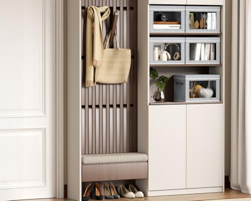 Image of Homsorout Collapsible Storage Bins with Lids - Stackable Storage Containers with Window, 6 Pack Fabric Cube Bins for Closet, Home & Office Organization Baskets, Light Gray, 14.9 inch x 9.8 inch x 9.8 inch
