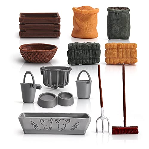 13PCS Farm Toys Feed Barn Food Accessories Toy Farm Tools Set for Animals Figure Horse Stable Playset Fence Accessories Cake Toppers for Kids Toddlers Hay Bale Straw Heap Educational Gift