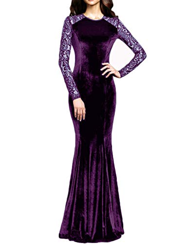 TTYBridal Women's Velvet Evening Dress Long Lace Sleeves Mermaid Prom