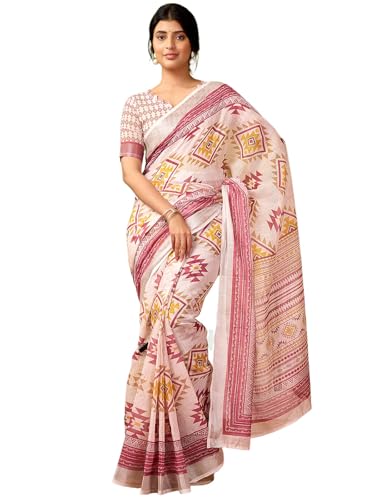 Image of Satrani Women's Linen Printed & Zari Border Ready To Wear One Minute Pre Pleated Readymade Saree with Unstitched Blouse Piece