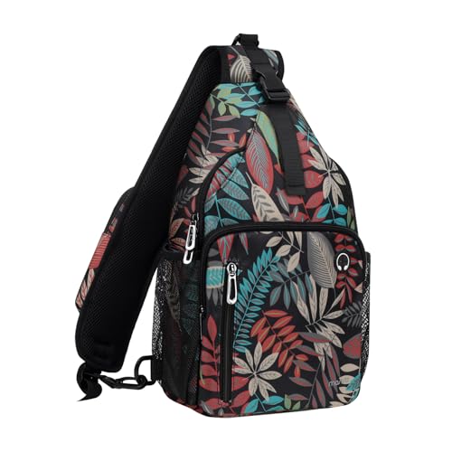 MOSISO Sling Backpack Bag, Crossbody Shoulder Bag Travel Hiking Daypack Chest Bag with Front Square Pocket&USB Charging Port, Creative Plant Leaves