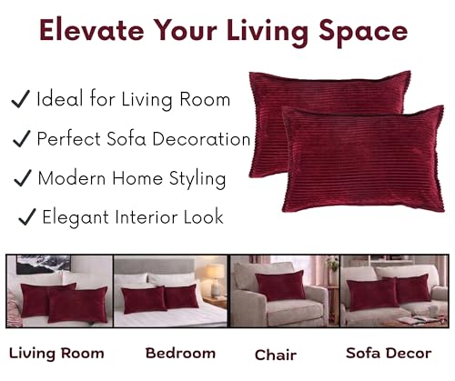 Image of RD TREND Corduroy Cushion Cover Set of 2, Striped Double Sided Decorative Throw Pillowcases for Sofa, Bed & Living Room Rectangular Long Cushion Covers 18x28 inches | Maroon