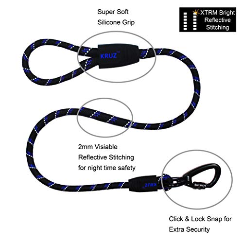 Kruz Reflective Dog Leash - KZROPE5060-L8L - Soft Silicone Grip - Click & Lock Snap - Pet Walking, Running, Training - Heavy-Duty, Durable Rope - Security, Control and Comfort - Orange - 1/2" x 5 FT - Thumbnail 2