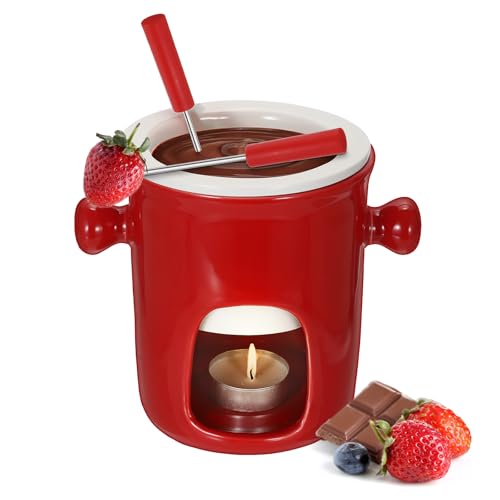 SUMNACON Juego de cacerola de cerámica con 2 tenedores, juego de fondue de chocolate, fondue de queso para chocolate, queso, fondue para cenas familiares, postres, picnics, fiestas de cumpleaños