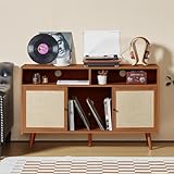 Walnut Mid Century Turntable Stand with Storage, Slide Door Record Player Table, Vinyl Record Storage Display Shelf Holds Up to 400 Albums for Living Room