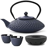 Teekanne asiatisch Gusseisen Set blau 1,25 Liter Teekessel mit Edelstahl Tee-Filter-Sieb-Einsatz & Stövchen inkl. Teebecher