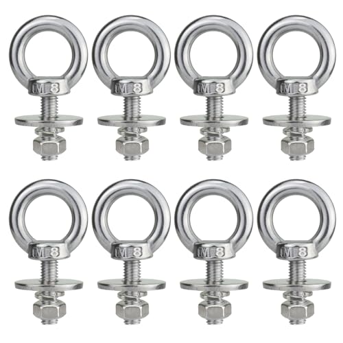 Image of M8 Eye Bolts with Nuts 8 Pack, 5 /16 inch x 1 inch Shoulder Lifting Stainless Steel Eye Bolt for Swing Board, Heavy Duty Threaded Ring Screw Eyebolts kit for Tie Down Straps Outdoor
