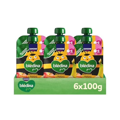 Blédina Bolsitas de Manzana y Platano para Bebé. Pouch 100% Fruta, Sin Azúcares Añadidos y Alto Contenido en Vitamina C, Fuente de Fibra. Desde los 6 Meses, Pack 6x100g