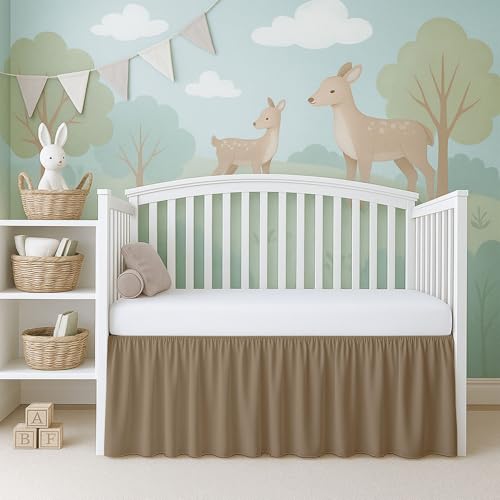 Image of Cottignton Lane Ruffled Crib Bed Skirt, Soft Nursery Bedding in 100% Natural Cotton, Platform Style with 4-Sided Coverage & Split Corners - Fits Standard Cribs 28 inch x 52 inch with 14 inch Drop, Taupe