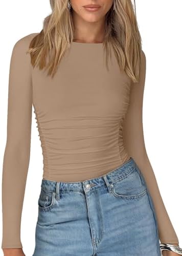 PINKMSTYLE Womens Classic Crew Neck Double Lined Long Sleeve Bodysuit Ruched Slim Fitted Fashion Going Out Fall Tops