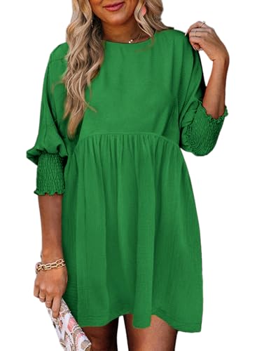 Dokotoo Summer Dresses for Women 2026 Casual Empire Waist A Line 3/4 Sleeve Cute Babydoll Mini Shirt Dress Plus Size Dress Spring Fall Western Cowgirl Church Outfits Kelly Green Dresses for Women L