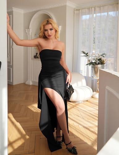 YMDUCH Women's Elegant Strapless Bodycon Ruched Ruffle High Split Long Formal Evening Dress3