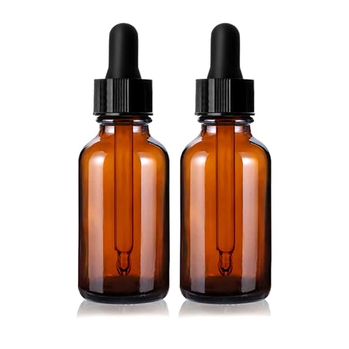 (2 Pack) - 2 oz Amber Glass Dropper Bottles with Tapered Glass Droppers - 60ml Amber Glass Boston Round Bottles with Glass Eye Dropper - Thick Leakproof Essential Oils Bottle for Storage and Travel