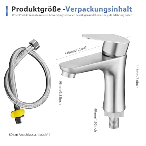 Kaltwasserhahn Edelstahl Kaltwasserarmatur mit 80cm Anschlussschlauch, Wasserhahn Kaltwasser Bad Waschtischarmatur Gäste WC Einhebelarmatur für Badezimmer Gäste WC