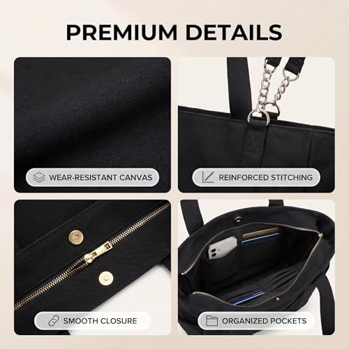 Bolso Tote grande de lona con cremallera y bolsillos negro miniatura 6