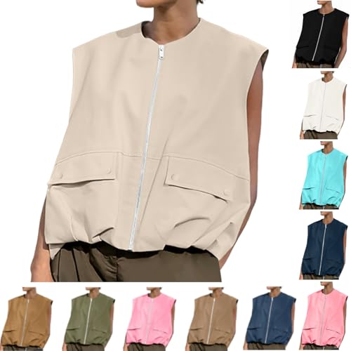 Bild: Khaki Cargo-Weste F�r Damen, L�ssig, �rmellos, Lockere Passform, Durchgehender Rei�verschluss, Ger�schter Saum, Blazer, Westen, Tops Mit Taschen Oversized Freizeitjacken Schwarz Blau braune S M L Xl f�r 19,98 EUR (-24%) statt 14,98 EUR bei amazon.de