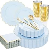 LIYH 210 Pcs Light Blue Plastic Dinnerware Set - Baby Blue Plastic Plates Napkins with Gold Foil Include Bridal Shower Plates Disposable Gold Silverware Napkins Cups for Birthday 30 Guests