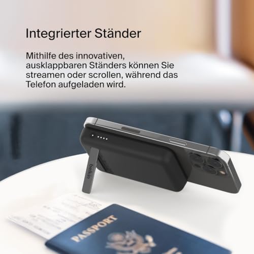 Belkin Magnetische 5000mAh Powerbank, Externer Handy-Akku, Kompatibel mit MagSafe, mit Passthrough-Ladefunktion und Ständer, 7,5W Ausgang, 10W Eingang, für iPhone 17, Air, 16, 15, Pixelsnap - Schwarz