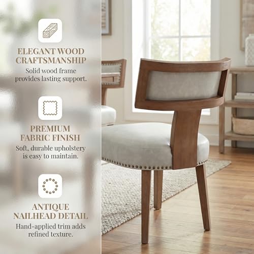 Image of HNY Mid Century Modern Dining Chairs Set of 2, Farmhouse PU Leather Upholstered Accent Chairs Curved Nailhead Trim Backrest Kitchen Chairs, with Hardwood Frame, Grey
