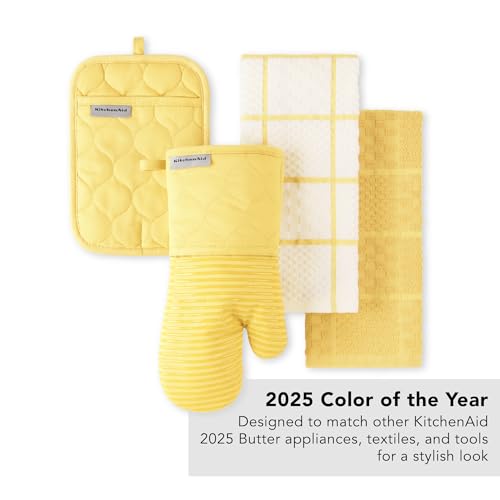 KITCHENAID Quilted Cotton Terry Cloth Oven Mitt, Pot Holder, Kitchen Towel 4-Pack Set, Heat Resistant, Silicone Grip, 16"x26", 7"x13" & 7"x10", Butter Yellow - image 8