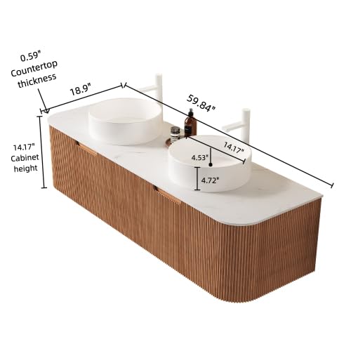Image of KEIKI 60 inch Wall-Mounted Floating Vanity, Modern Bathroom Vanity with Sinks and 3D Striped Drawer Fronts, 2 White Ceramic Vessel Basins, Pre-Assembled Storage Cabinet for Bathroom, Natural Wood