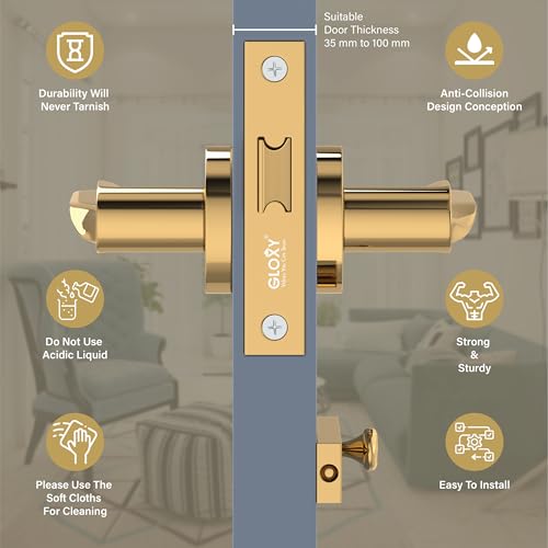 Image of GLOXY Door knob Lock for Bathroom Door Latch Balcony Mortise Keyless Pull Handle Set with Brass Baby Lock for Kitchen, Balcony | Gold Finish (2 Years Warranty, Pack of 1)