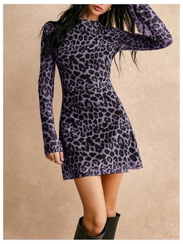 Image of BEAUDRM Women's Y2k Leopard Print Sheer Mesh Mini Dress Bell Long Sleeve Short Dresses