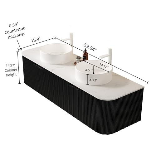 Image of KEIKI 60 inch Bathroom Vanity with Sink, Wall-Mounted Floating Bathroom Vanity with Curved Edge Striped Front, 2 Drawers & 2 Round Ceramic Basins, Pre-Assembled Storage Cabinet, Black