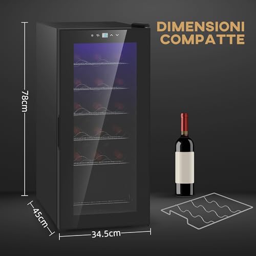 HOMCOM Cantinetta Vino Refrigerata per 18 Bottiglie, Cantina Frigo Vino Anti-UV a Zona Singola con Temperatura Controllata 5-18°, Display Touch, Luci LED, Ripiani Regolabili, Porta Vetro, 34.5x45x78cm - immagine 5