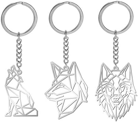 VASSAGO 3 Pieces Stainless Steel Hollow Out Design Wolf Keychain Wild Animal Charm Keyrings for Men and Women