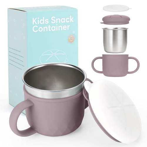 Image of Toddler Snack Containers Stainless Steel Spill-Proof Snack Containers for Toddlers with Spill-Proof Silicone Lids and Handles 4-in-1 Baby Snack Cup is Dishwasher Safe for Easy use On The Go(Purple)