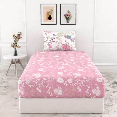 Image of Blue Strip Polycotton Fitted Bedsheet, Single 42x75 (Pink+White gulab) | 300 TC | All-Round Elastic Grip | Soft, Breathable & Colourfast | Wrinkle Resistant | Machine Washable