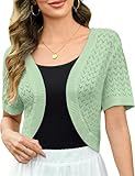Totatuit Suéter Bolero Mujer Chic Tricot Corto Manga Corta Diseño Ajouré Crochet Abrigo Elegante para Boda Playa Verano Verde Salvia S