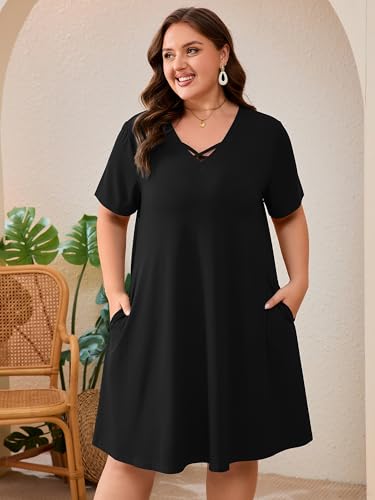 Image of AusLook Plus Size Midi Dress for Women Short Sleeve V Neck Criss Cross A Line Summer Casual Vacation Sundresses with Pockets
