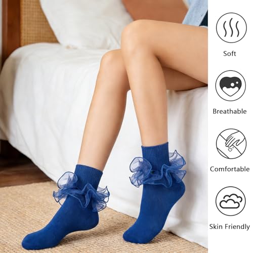 Image of Women Big Ruffle Ankle Socks Adult Double Lace Frilly Socks Fold Cuff Cotton Ruffled Dress Crew Bobby Bride Sock