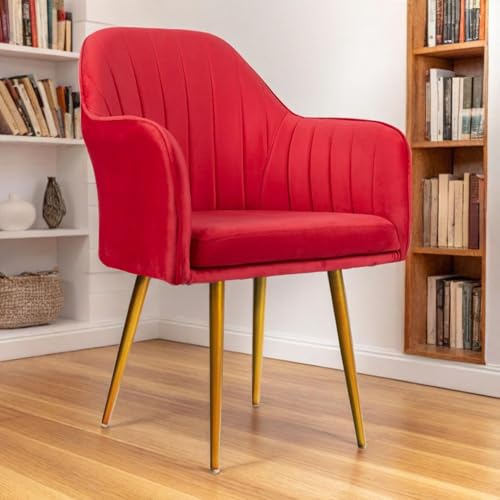 Image of Velvet Accent Chair | Luxury Upholstered Armchair with Sturdy Metal Legs | Modern Comfortable Chair for Living Room, Bedroom, Office, or Cafe (Golden Legs, Red)
