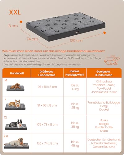 Feandrea Hundebett, Hundekissen waschbar, Hundematte abnehmbar, wasserdicht, 120 x 74 x 8 cm, Größe XXL, für große Hunde, Taubengrau PGW244G01