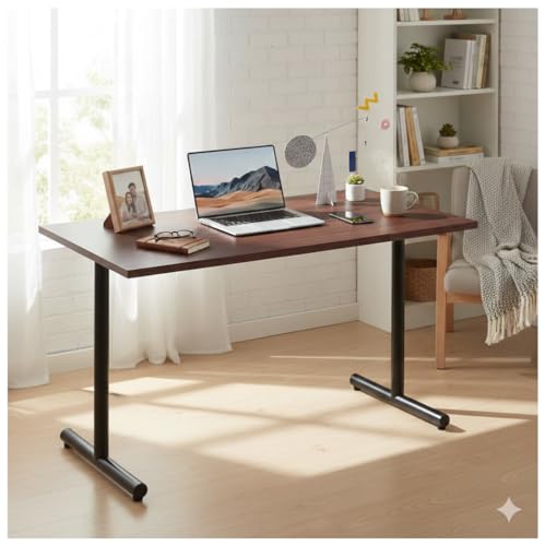 Image of Solid Sheesham Wood Table Top with Iron Frame Study Table | Wooden Working Desk for Study Room | Office | Library | Living Room | Kids Room | Finish Color - Natural Teak Finish |