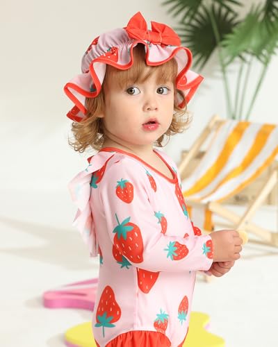 SUNNY PIGGY Baby Girls One Piece Swimsuit Long Sleeve Floral Bathing Suit+Hat 2Pcs3
