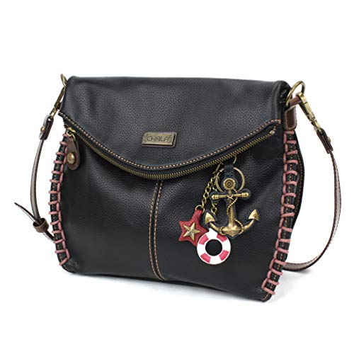 Chala Charming Crossbody Bag Shoulder Handbag With Flap Top and Zipper Black - Metal Anchor - Black