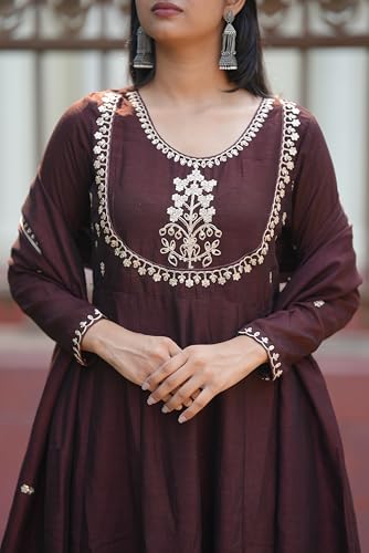 Image of MOKOSH Women's Silk Embroidery Anakrali Kurta Pant with Dupatta | Anarkali Kurta Set | Round Neck Full Sleeve Ethnic Suit | Floral Kurta 7 Colour Option Available | 3 Piece Outfit