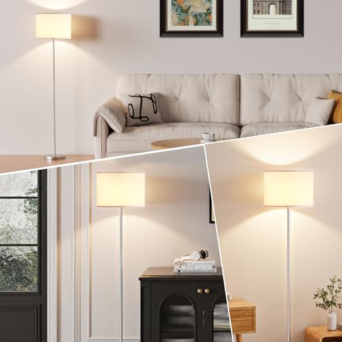Image of Ambimall 60'' Modern Floor Lamp with Shade, Tall Lamps for Living Room, Bedroom, Office, Dining Room, White Shade with Silver Pole(Without Bulb)