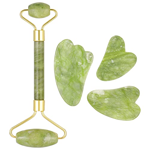 Smilcloud Juego de 4 Piezas de Rodillo de Jade, Raspador de Masaje de Jade, Antiarrugas, Antienvejecimiento, Desintoxicación de la Piel y Apriete el Dispositivo de Belleza de Jade Rodillo de Masaje Cover