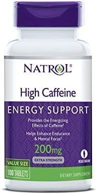 Natrol High Caffeine Tablets, Energy Support, Helps Enhance Endurance and Mental Focus, Caffeine Supplement, Fatigue, Pre-Workout, Extra Strength, 200mg, 100 Count