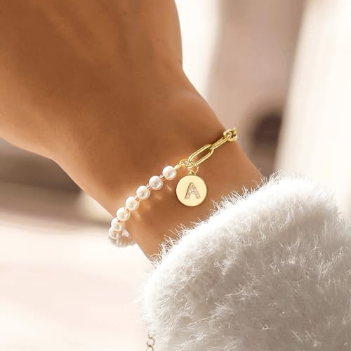Turandoss Gifts for Her - Initial Pearl Bracelets for Women Teen Girls Gifts Personalized Gold A-Z Initial Charm Paper Clip Chain Pearl Bracelets for Girls Bridesmaid Wedding Gifts2